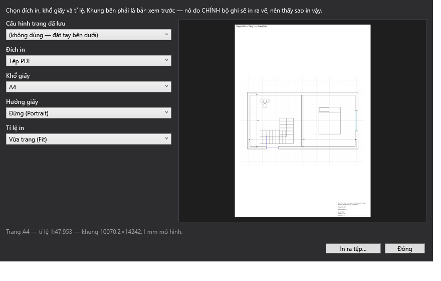 Plot dialog with destination set to PDF file, A4 paper, portrait orientation, fit-to-page scale, and a live preview of the sheet