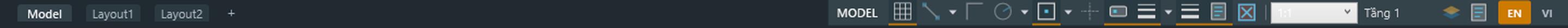 Close-up of the MepoCAD status bar: grid and snap toggles, the active floor dropdown, and the EN/VI language switch