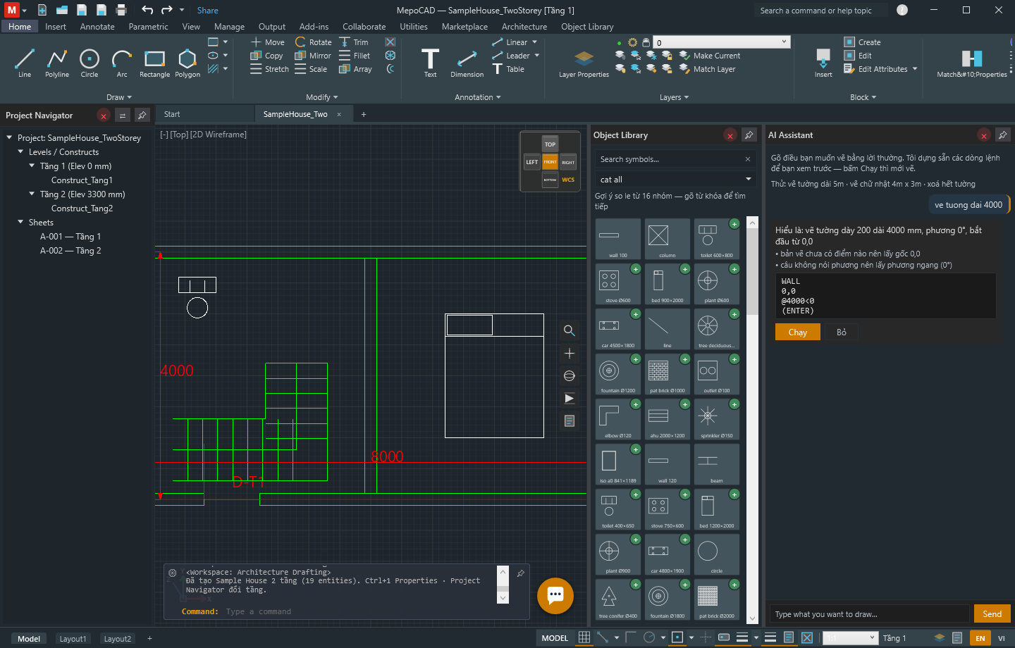 AI Assistant panel: the Vietnamese sentence 've tuong dai 4000' typed in, the assistant explaining it understood a 200mm-thick wall 4000mm long, and a generated WALL command block with a Run button