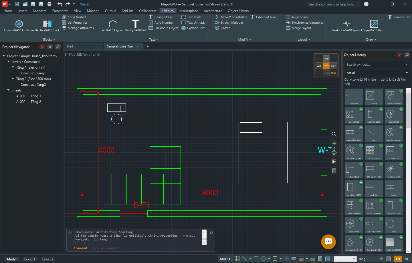 Utilities ribbon tab with Blocks, Text, Modify, Layout and Draw groups full of smaller power tools